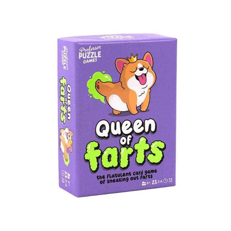 a purple card game box with a cartoon dog on it