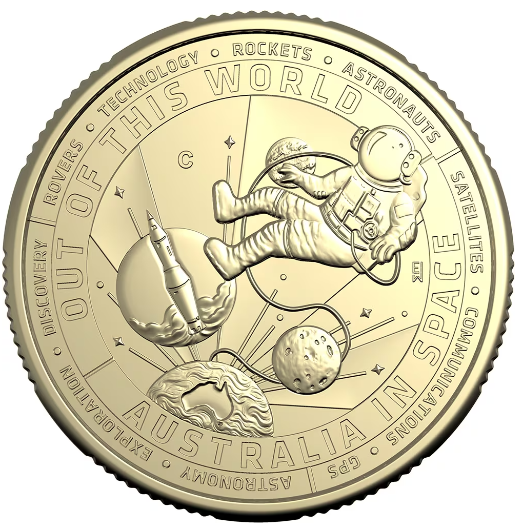 a gold coin with a picture of an astronaut floating in space