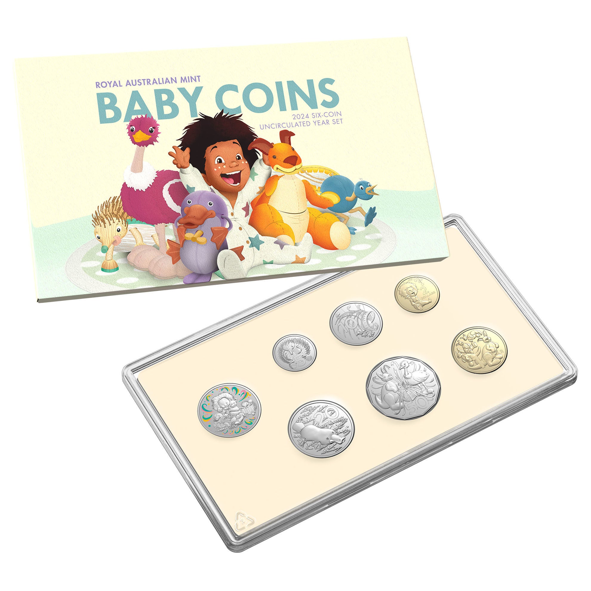 a box of baby coins with a picture of a cartoon character