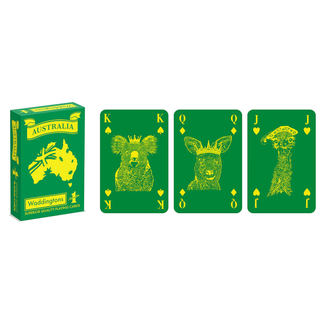 a set of four playing cards with animals on them