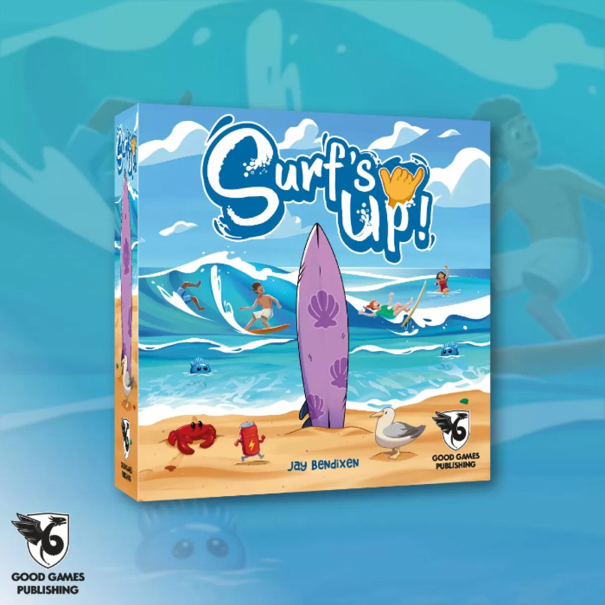 a picture of a surf board game on a blue background