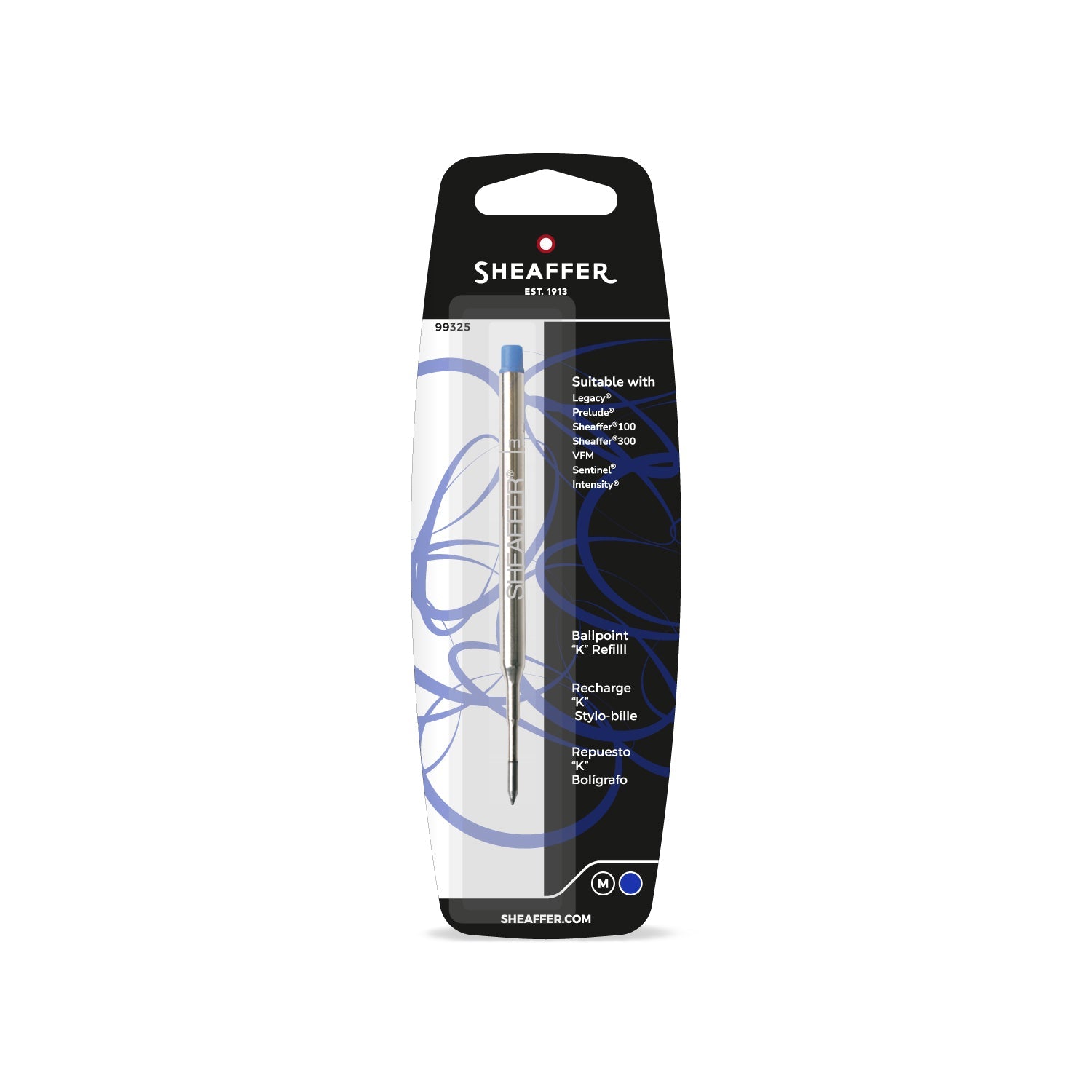 Sheaffer K-style ballpoint refill in medium point blue ink, blister pack