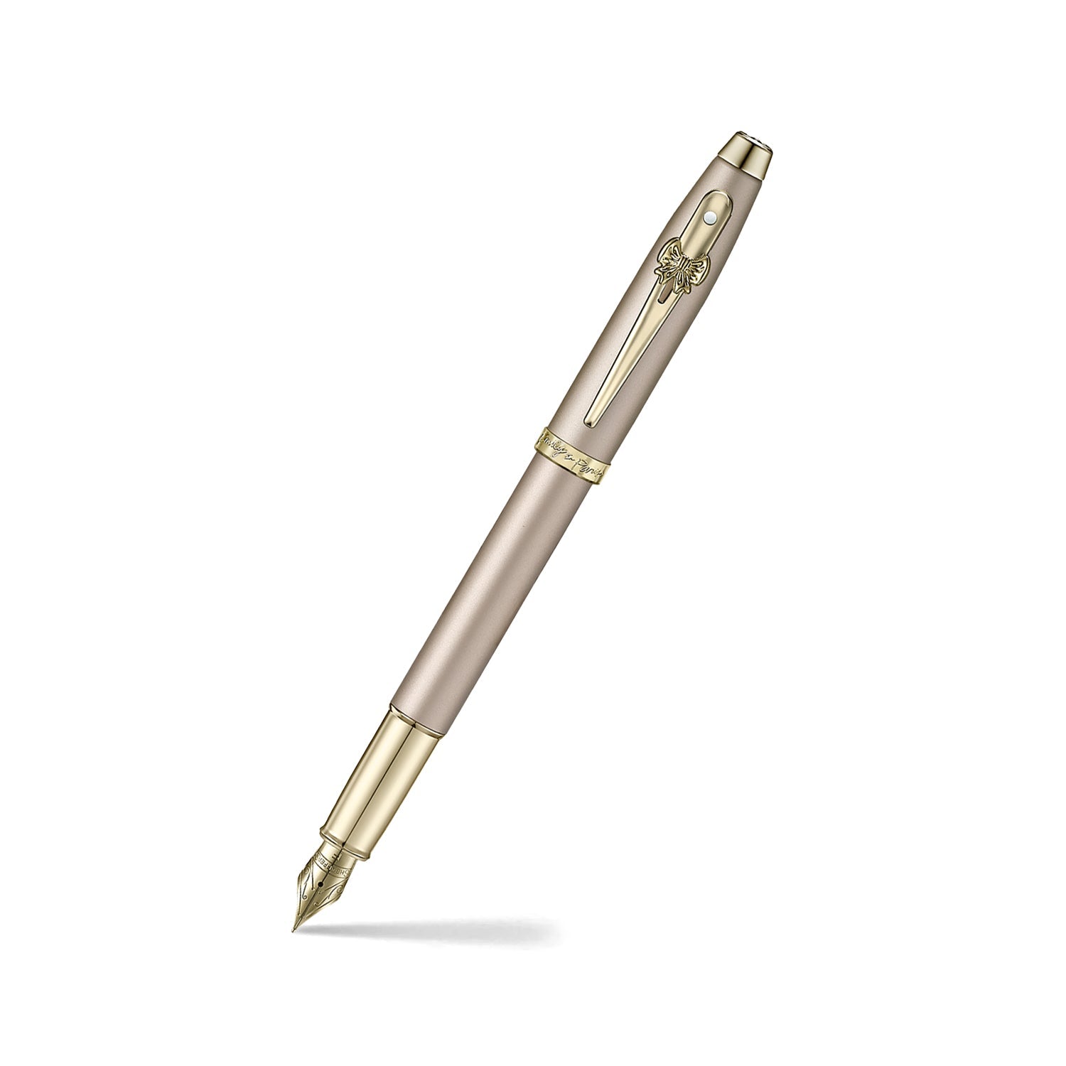 Sheaffer 100 Emily in Paris fountain pen in champagne gold with bow-shaped clip emblem
