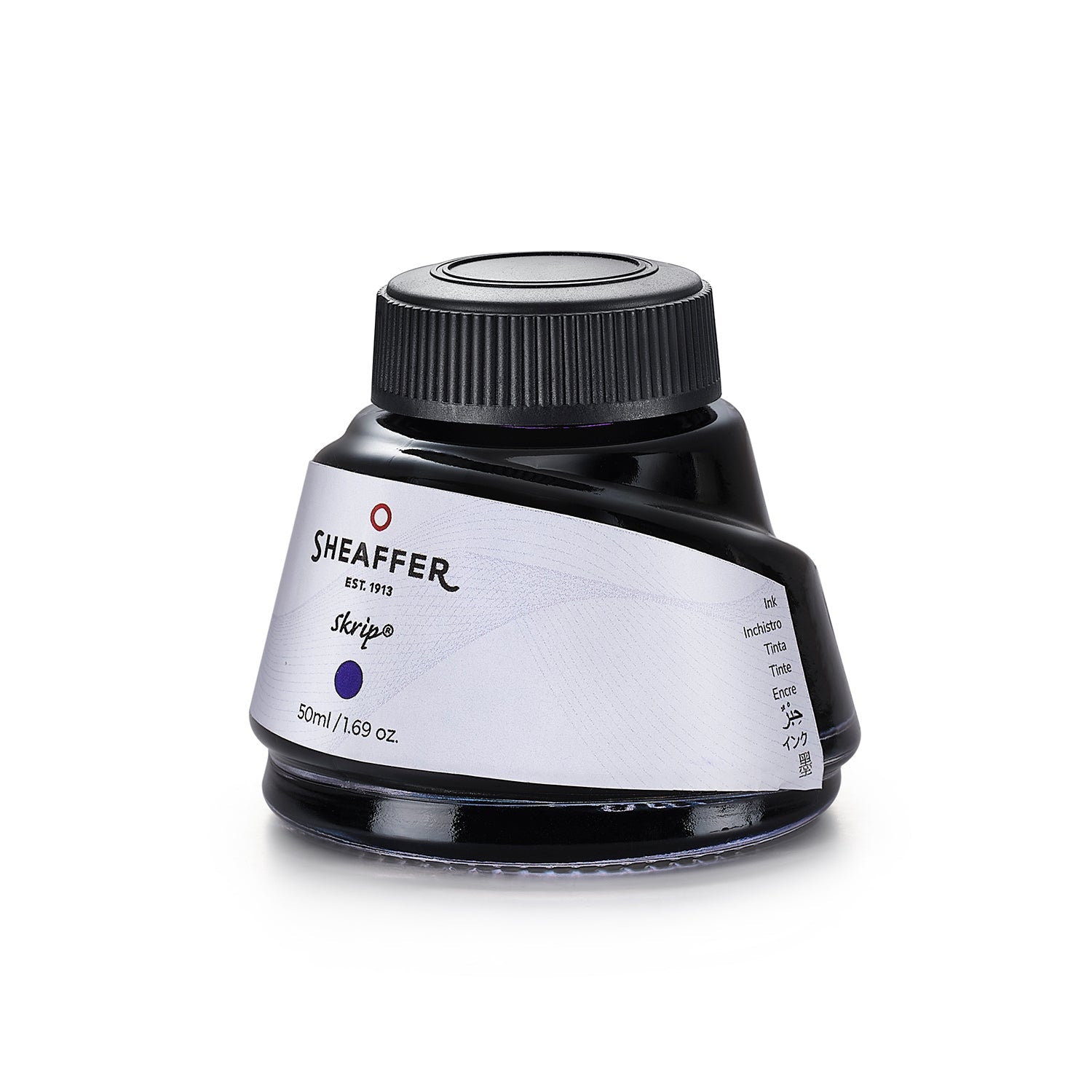 Sheaffer Skrip purple ink 50ml bottle, wide-mouth opening and label detail