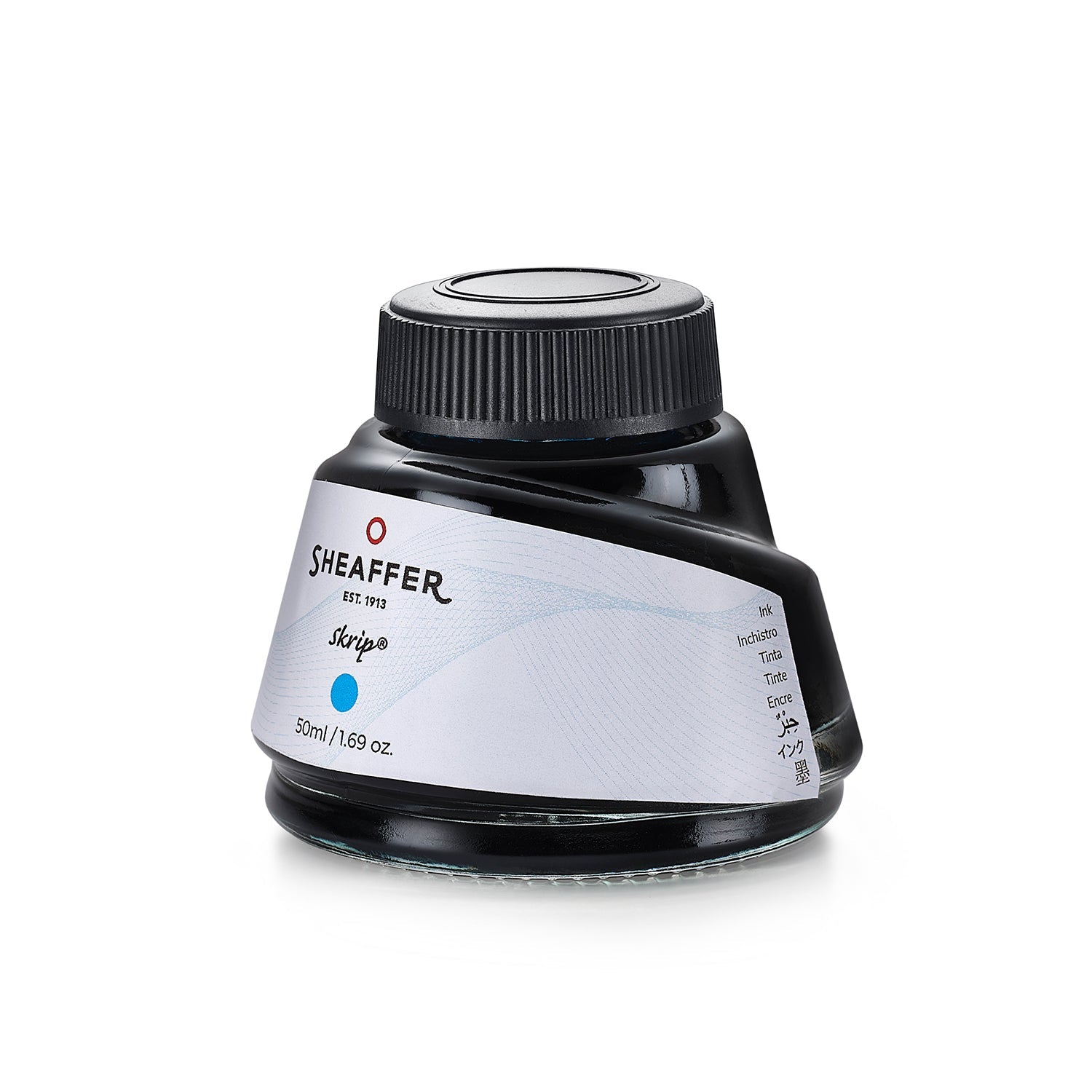 Sheaffer Skrip turquoise ink 50ml bottle, wide-mouth opening and label detail