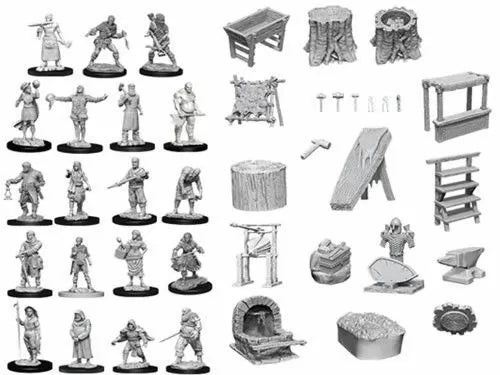 a bunch of toy figurines are shown in black and white