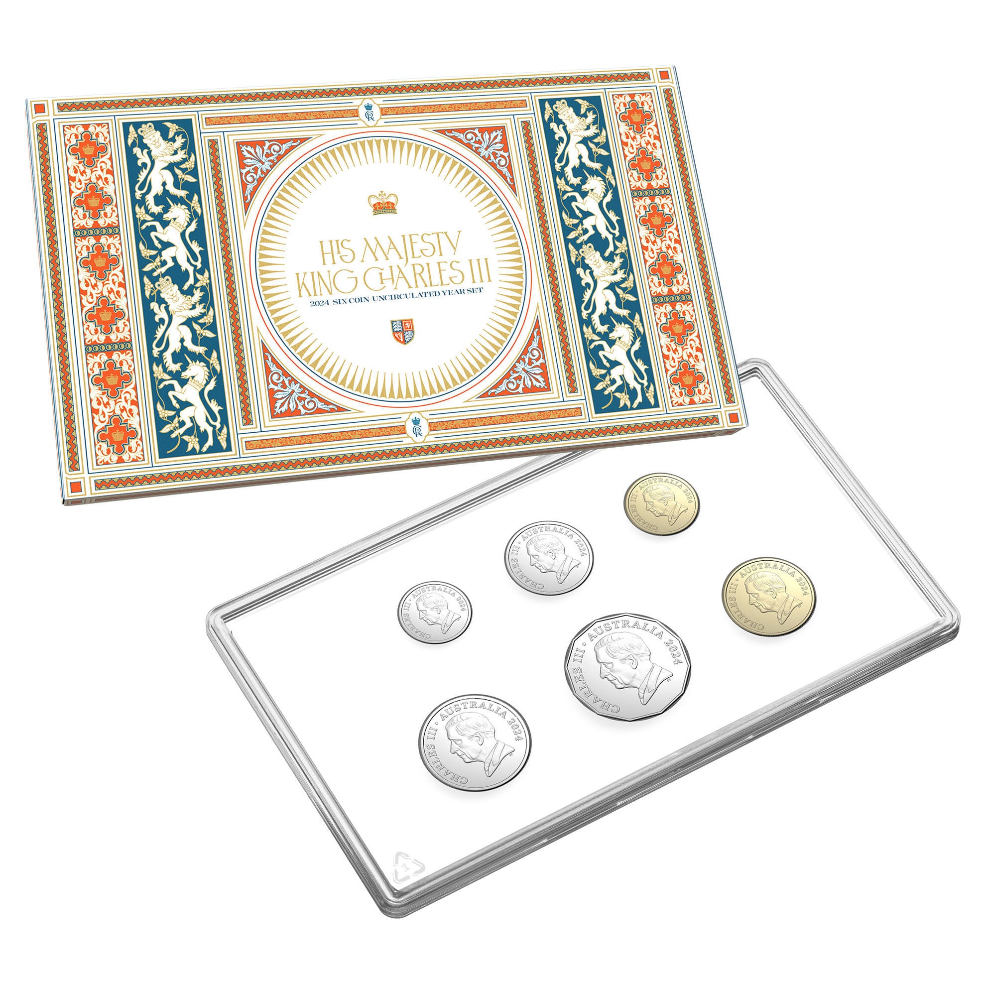 a set of five coins in a box