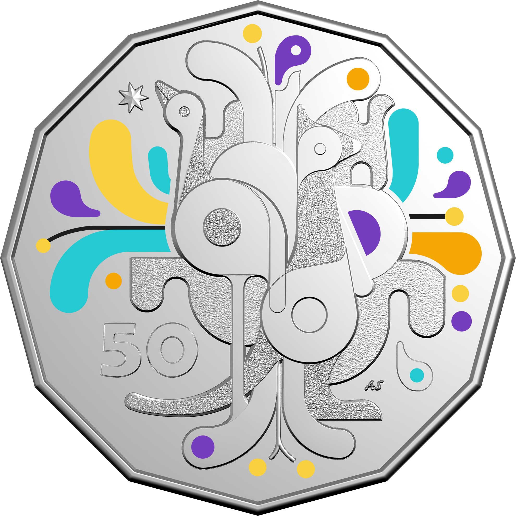 a silver coin with a colorful design on it
