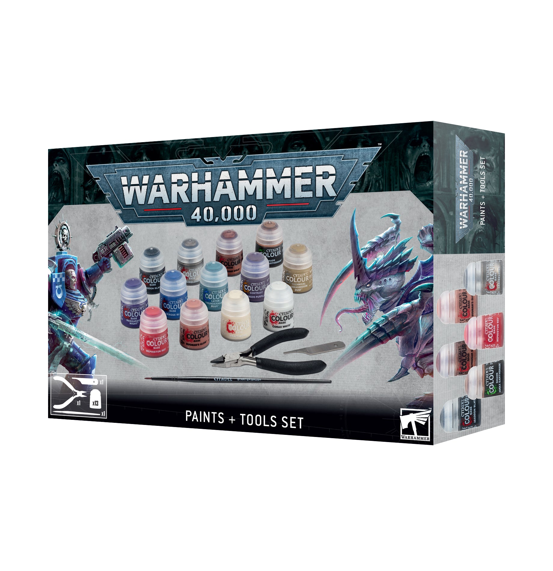 a box of paints and tools for warhammer