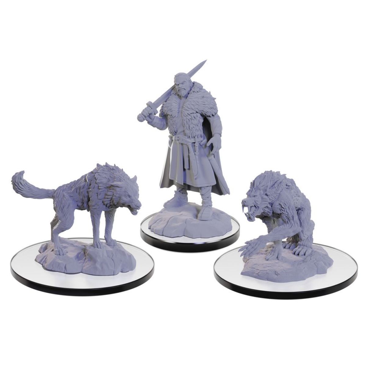 a set of three figurines of a man and a wolf