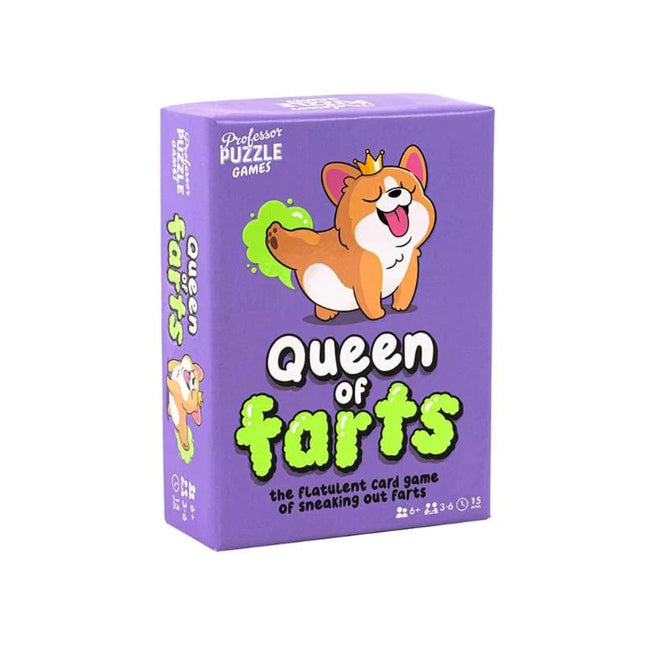 a purple card game box with a cartoon dog on it