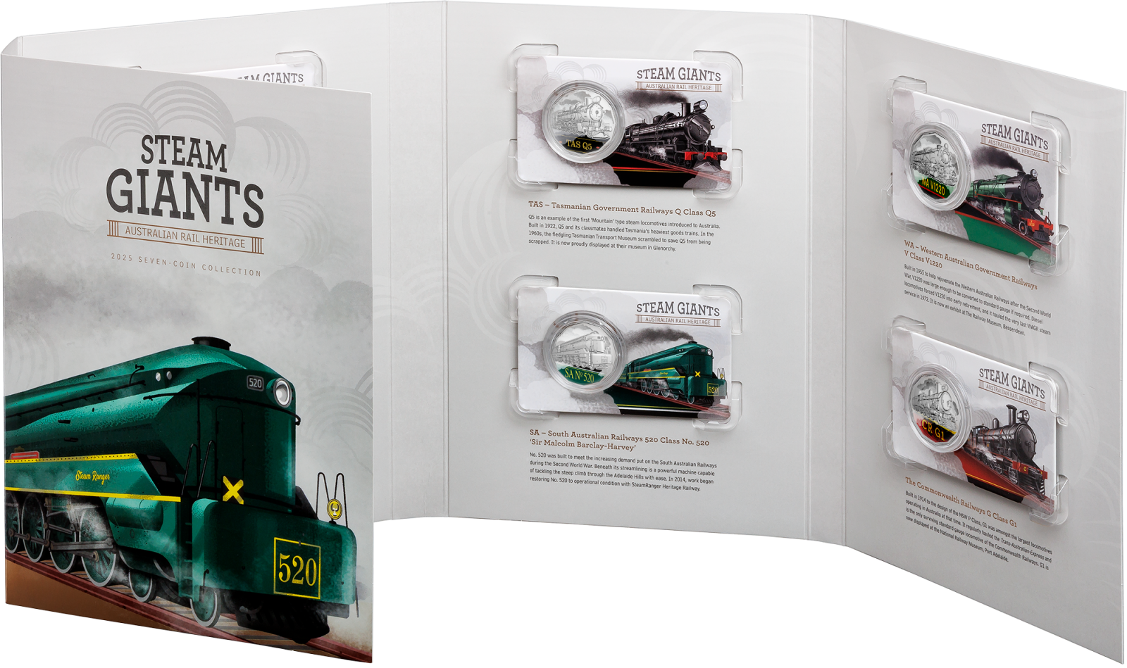 2025 Steam Giants Seven-Coin Collection Folder Open - Royal Australian Mint