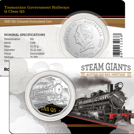 2025 Steam Giants 50c Q Class Q5 Tasmania Coloured Uncirculated Coin in Card