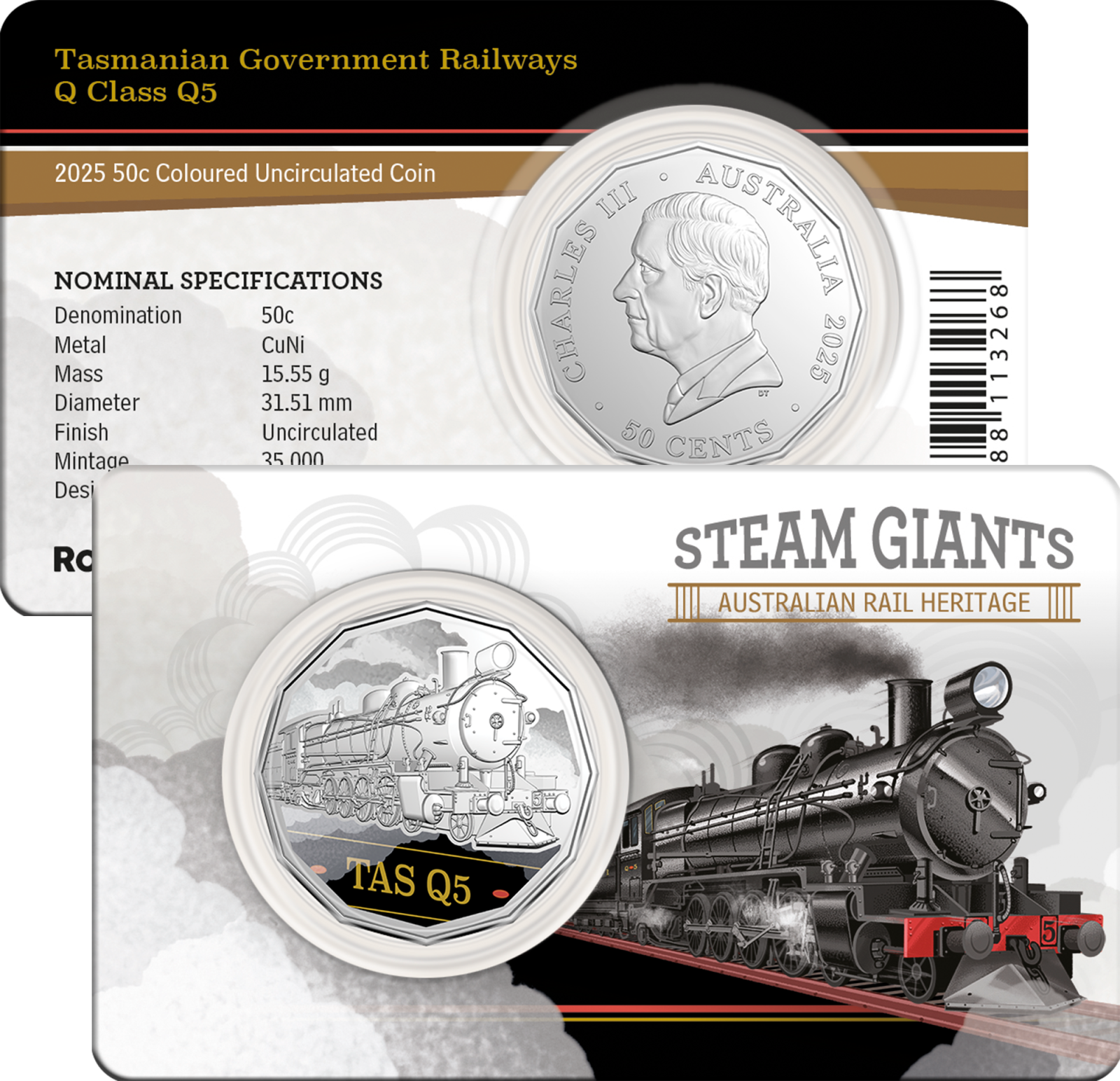 2025 Steam Giants 50c Q Class Q5 Tasmania Coloured Uncirculated Coin in Card