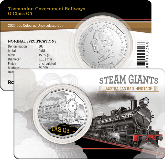 2025 Steam Giants 50c Q Class Q5 Tasmania Coloured Uncirculated Coin in Card