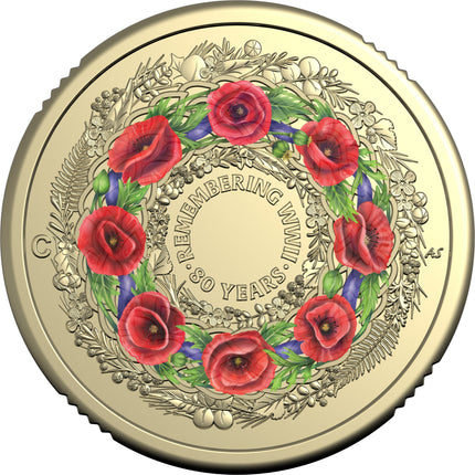 2025 $2 coloured coin reverse with wreath of eight red poppies