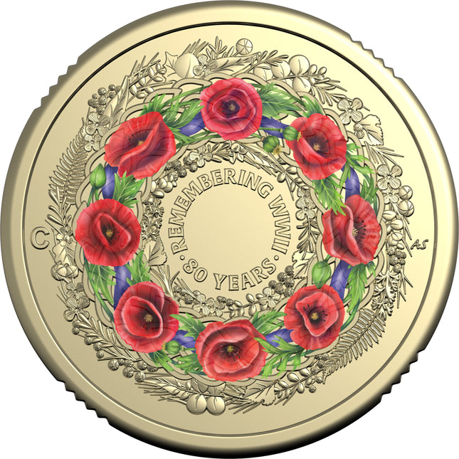 2025 $2 coloured coin reverse with wreath of eight red poppies