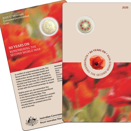 2025 WWII 80th anniversary coloured $2 coin on commemorative card