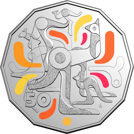 Celebrations 2026 50c coin reverse, coloured Mob of Roos design