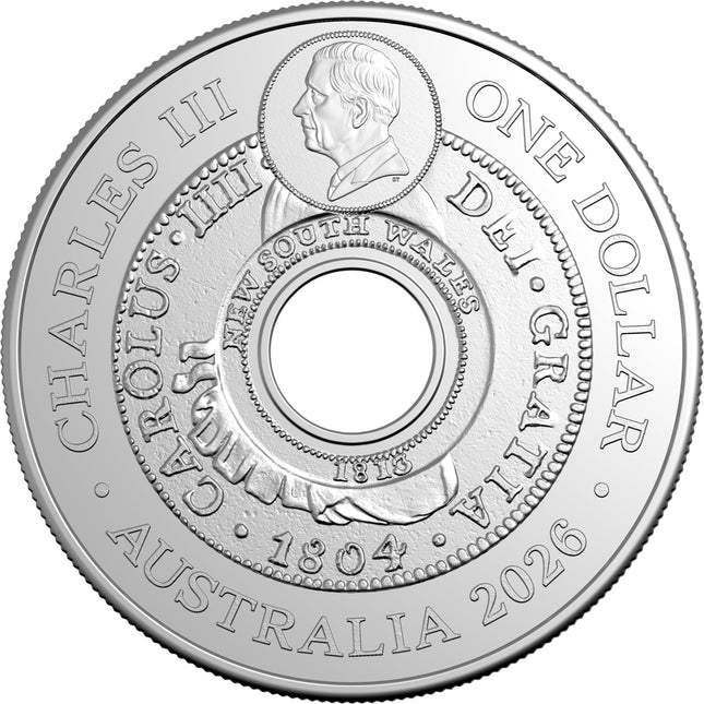 2026 Holey Dollar $1 coin obverse with King Charles III effigy