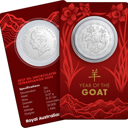 2027 Year of the Goat 50c tetradecagon coin on red presentation card