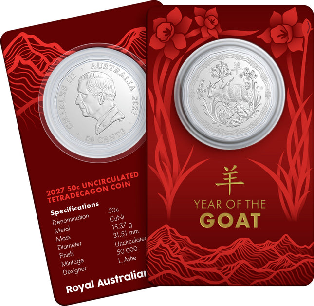 2027 Year of the Goat 50c tetradecagon coin on red presentation card