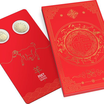 2027 Year of the Goat $1 uncirculated two-coin set in red and gold card