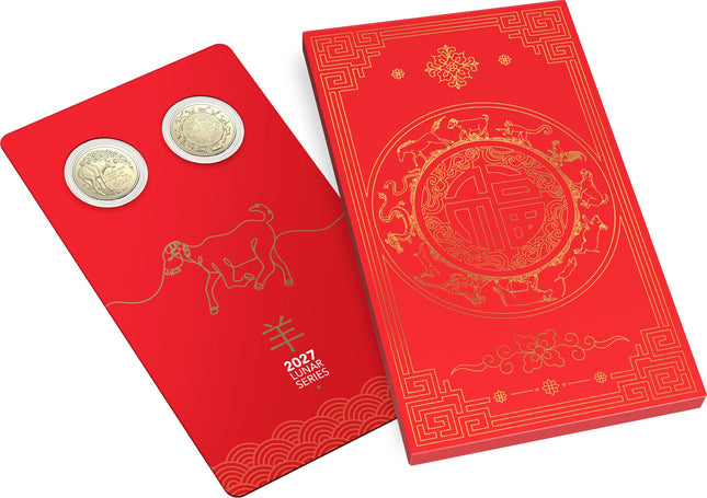 2027 Year of the Goat $1 uncirculated two-coin set in red and gold card