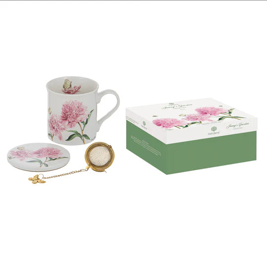 a coffee cup with a clock and a box