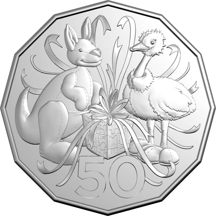 a 50p coin with an image of two birds on it