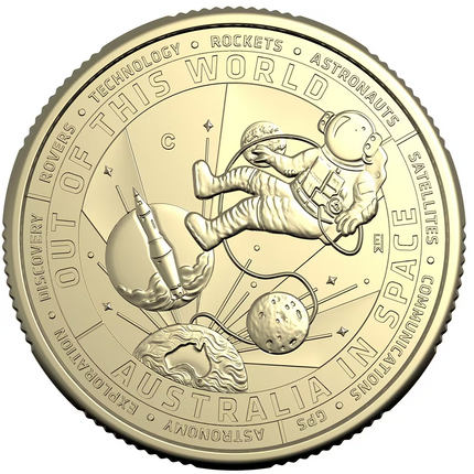 a gold coin with a picture of an astronaut floating in space