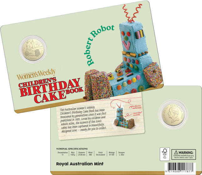 2025 AWW Childrens Birthday Cake Book Uncirculated $1 Coin - Robert Robot