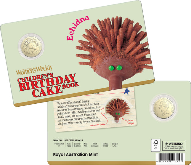2025 AWW Childrens Birthday Cake Book Uncirculated $1 Coin - Echidna