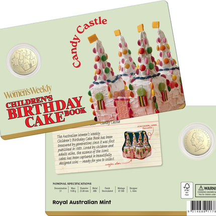 Candy Castle $1 coin in card - obverse (Charles III) and reverse (Candy Castle design)