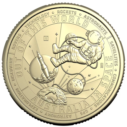 a gold coin with a picture of an astronaut floating in space