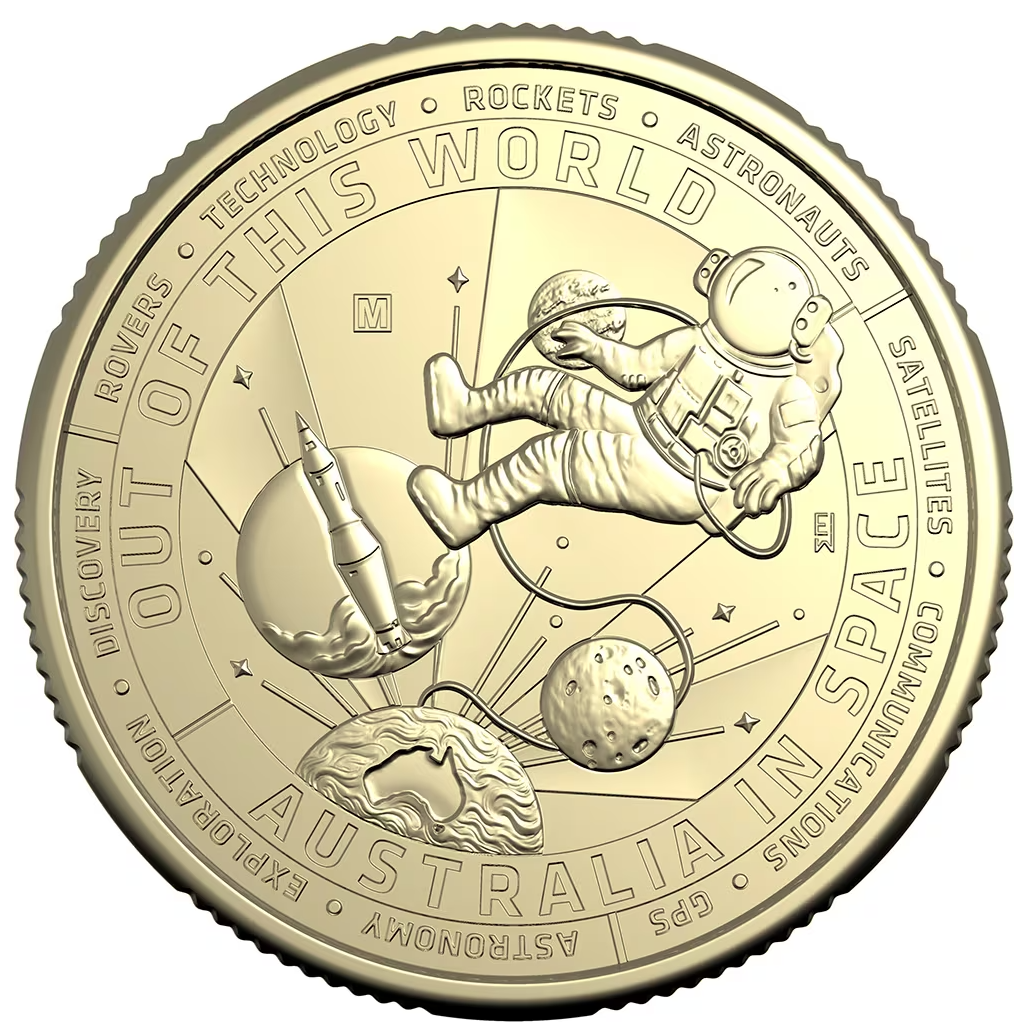 a gold coin with a picture of an astronaut floating in space