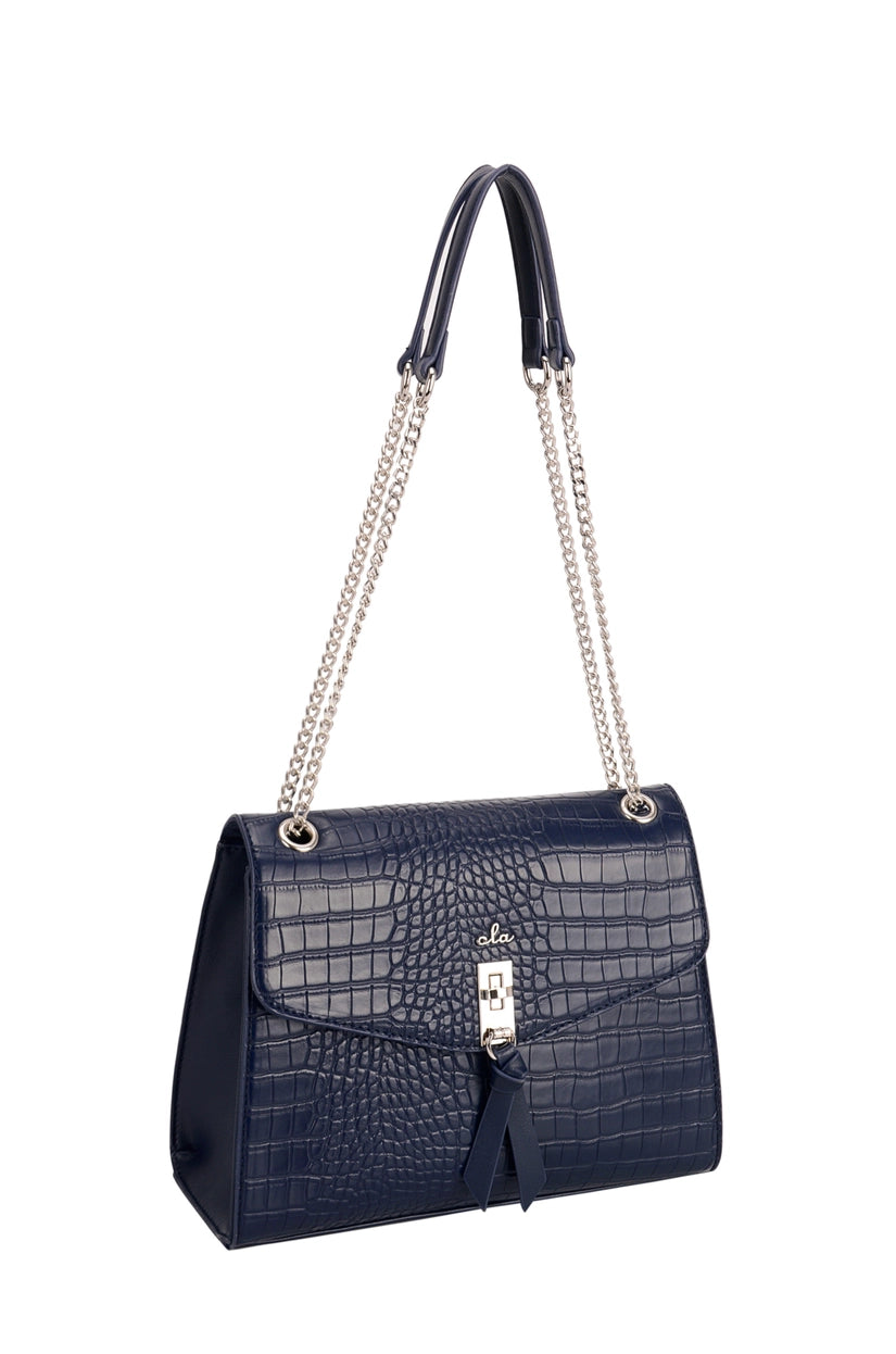 a blue handbag with a chain strap