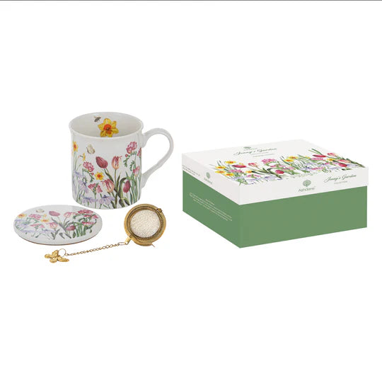 a coffee cup and saucer next to a box
