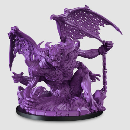a purple statue of a demon holding a staff