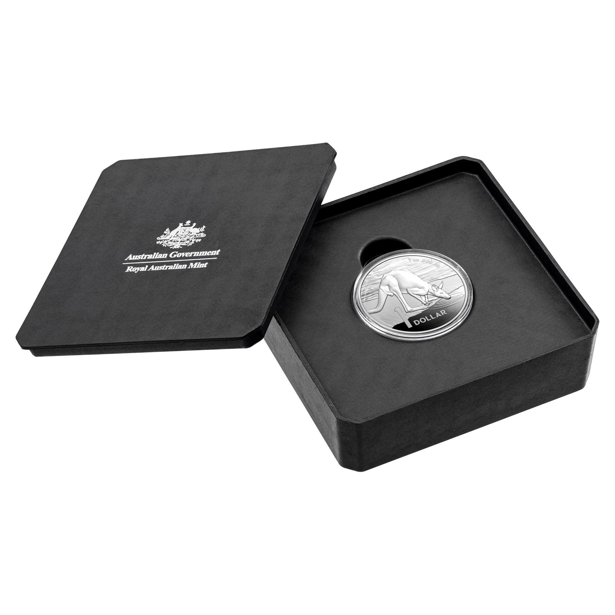a black box with a silver coin in it