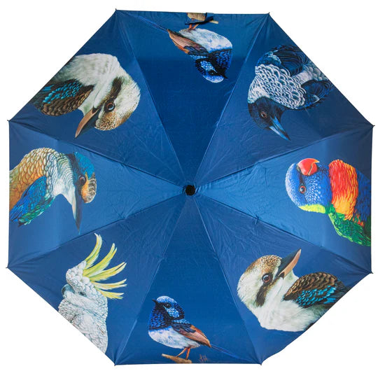 a close up of a blue umbrella with birds on it