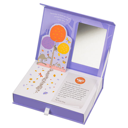 a purple box with a card inside of it