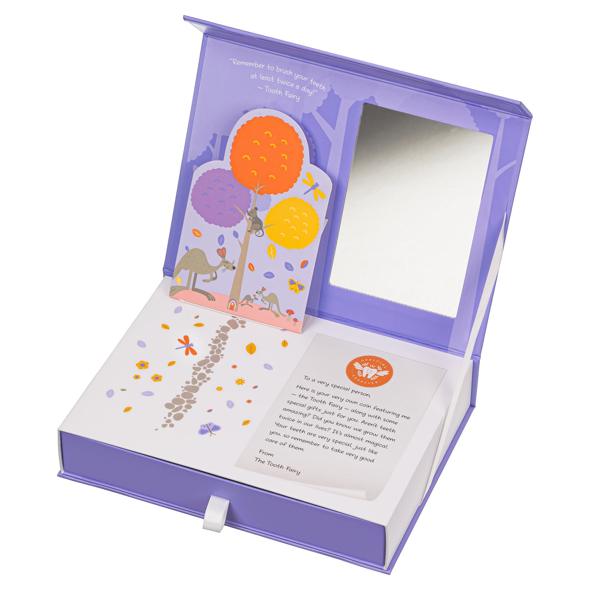 a purple box with a card inside of it