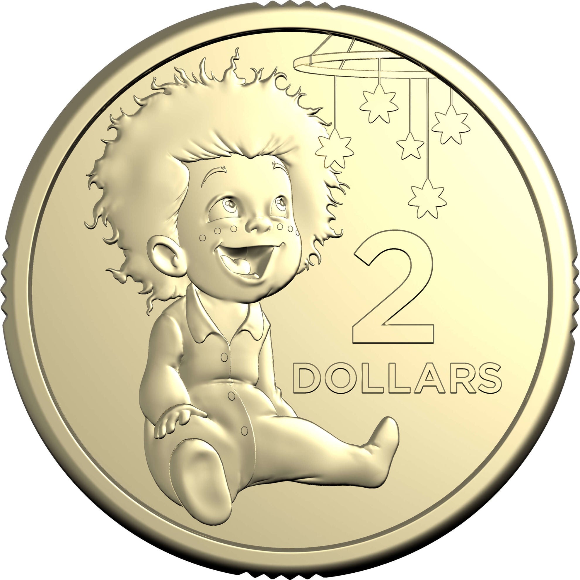 a two dollar coin with a baby on it