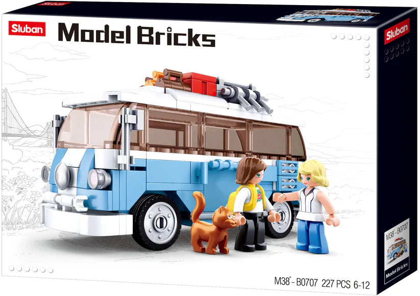 a lego model of a bus with people and a dog