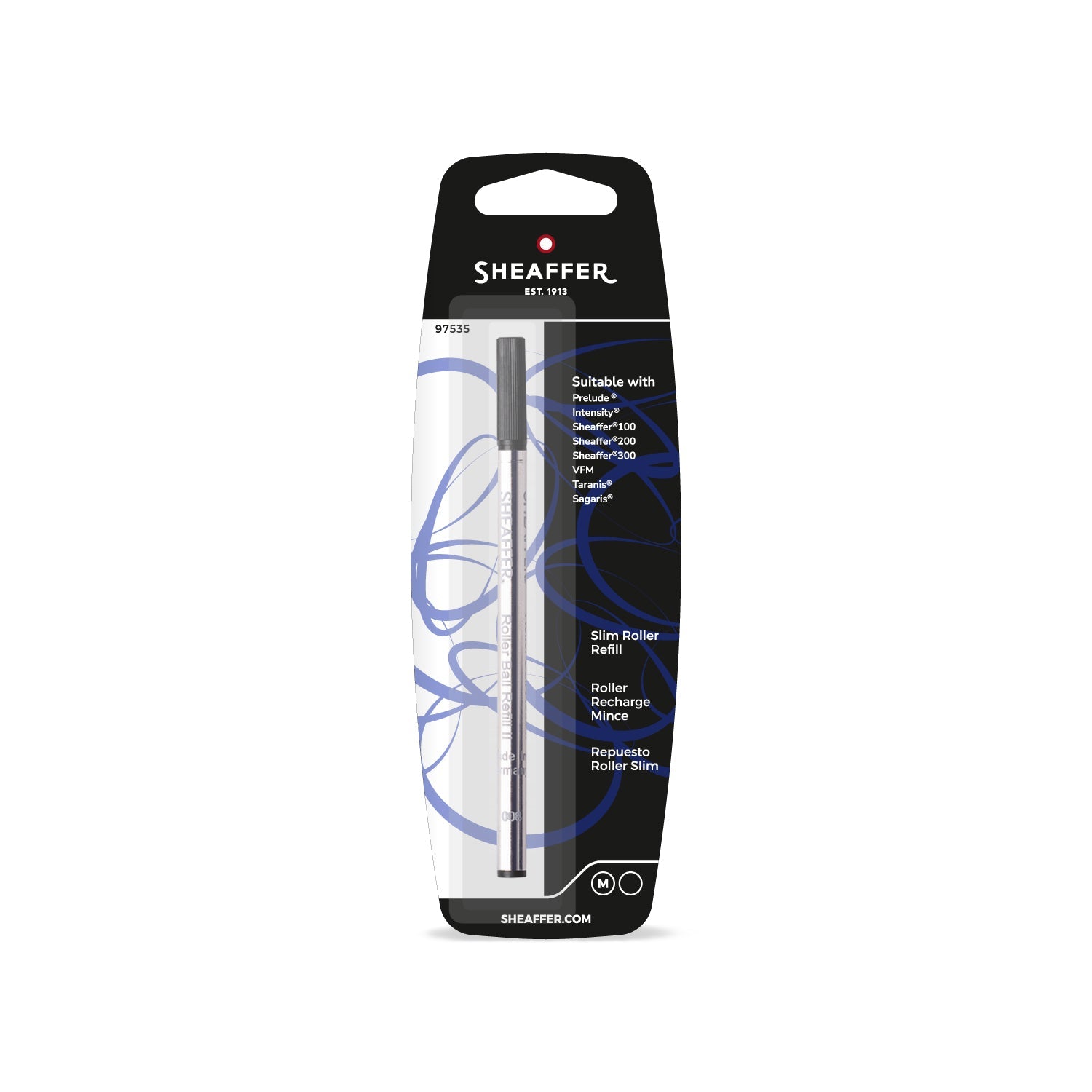 Sheaffer slim rollerball refill in medium point black ink, blister pack
