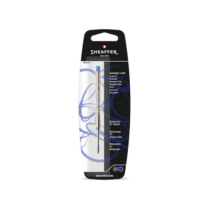 Sheaffer K-style ballpoint refill in medium point blue ink, blister pack