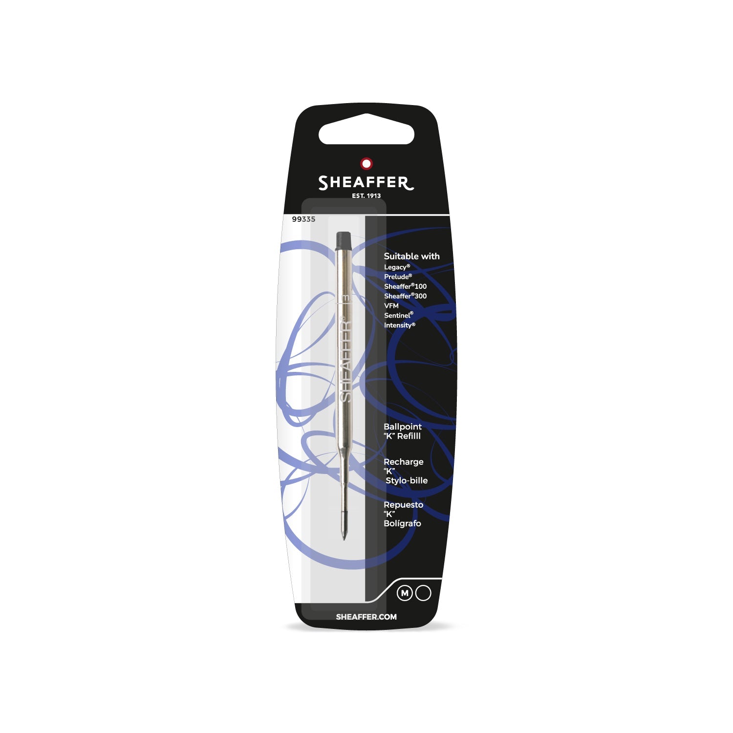 Sheaffer K-style ballpoint refill in medium point black ink, blister pack