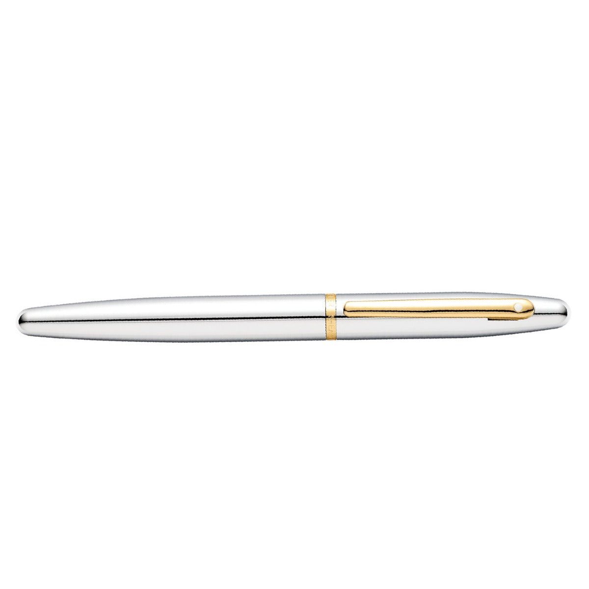 Sheaffer VFM chrome and gold fountain pen shown full length