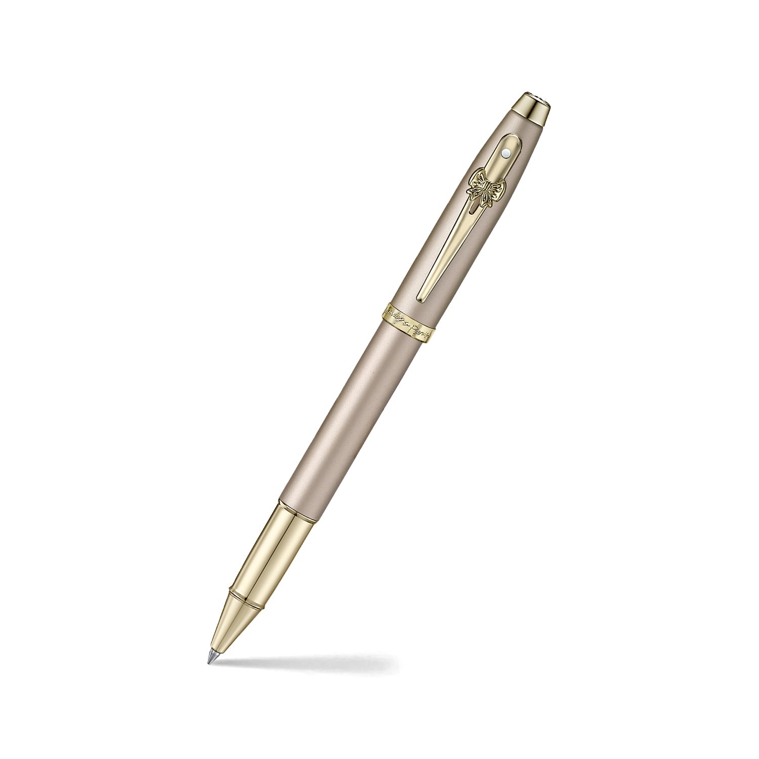 Sheaffer 100 Emily in Paris rollerball pen in champagne gold with bow-shaped clip emblem